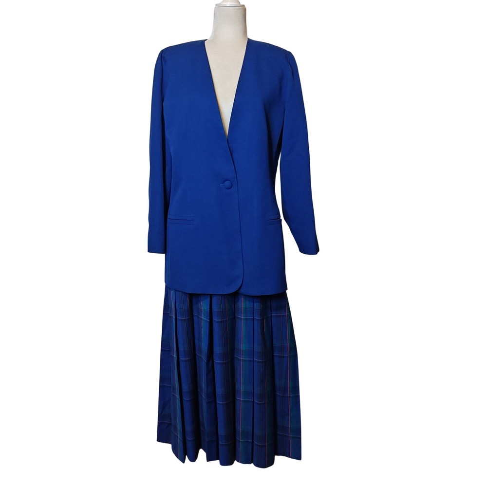 Miss Pendleton Blue Skirt Suit Women 14 Virgin Wool Blazer Plaid Pleated Skirt